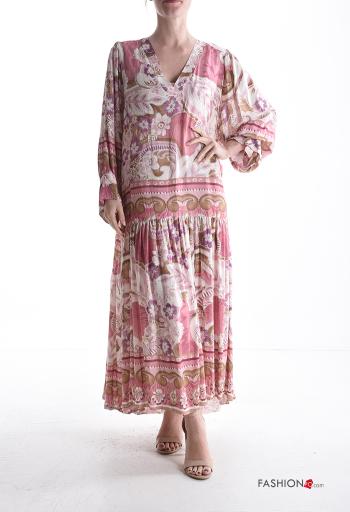 Mix Muster lange ärmel Kleid mit V-Ausschnitt