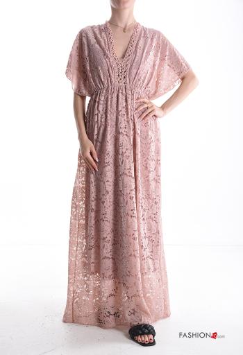 Robe détail dentelle manches courtes à broderie à col en V sans doublure