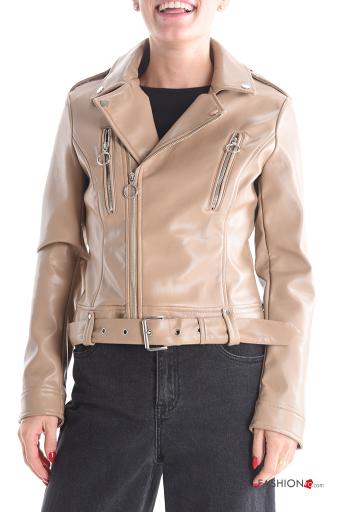 with buckle long sleeve faux leather Biker Jacket with pockets with zip - ph 1