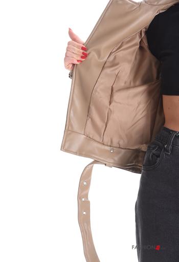 with buckle long sleeve faux leather Biker Jacket with pockets with zip - ph 6