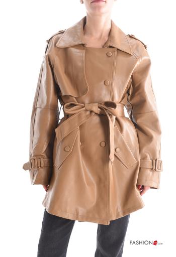 Casaco imitação de couro manga comprida com gola com forro com bolsos com botões com cinto - ph 1