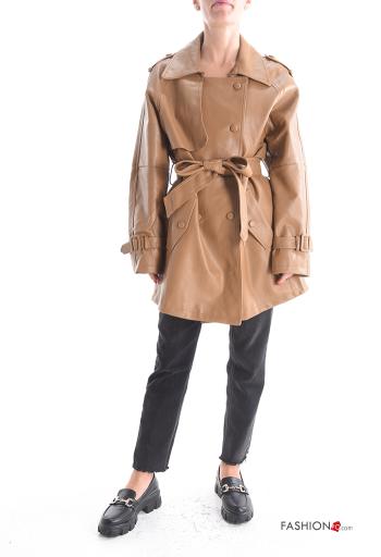 Casaco imitação de couro manga comprida com gola com forro com bolsos com botões com cinto - ph 5