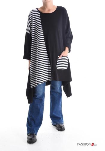 Striped crew neck asymmetrical long sleeve oversized Cotton Long sleeved top with pockets - ph 1