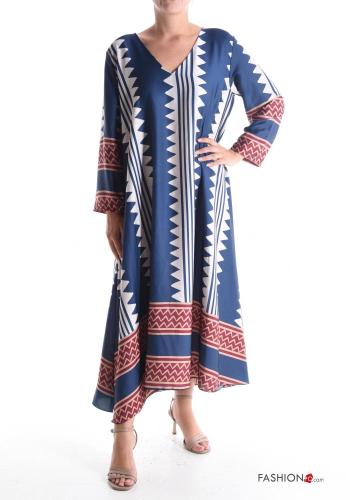 Geometric pattern long sleeve long satin Dress with v-neck