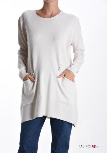 long sleeve crew neck long Wool Mix Sweater with pockets - ph 1