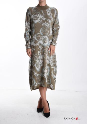 Robe en Mélange de Laine manches longues à Imprimé Floral à col roulé - ph 1