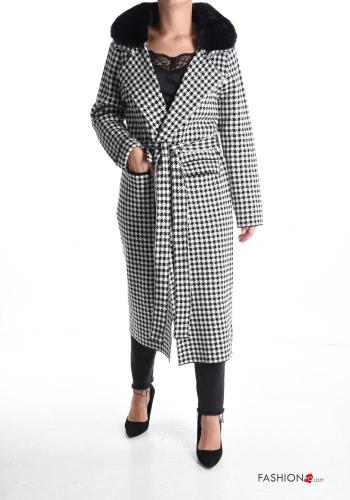 Houndstooth faux fur Coat with pockets with fabric belt - ph 1