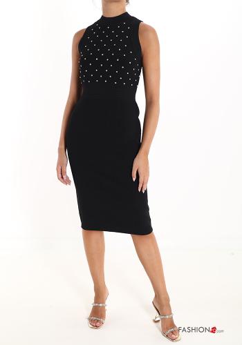 Robe en Mélange de Laine sans manches col rond Côtelé avec fermeture éclair avec strass - ph 1