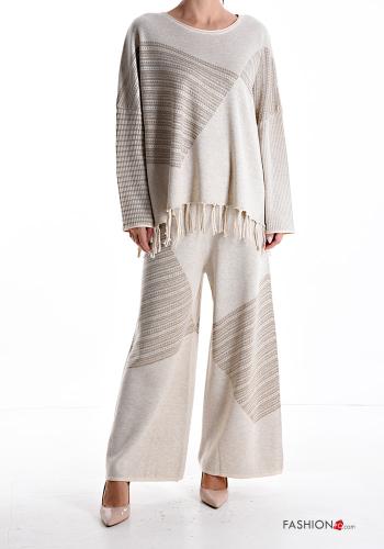 Geometrisches Muster wide leg Hose aus Wollmischung mit Fransen mit gummizug - ph 1