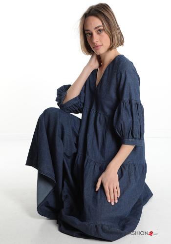 Abito in Cotone  scollo a V con balze denim - ph 1