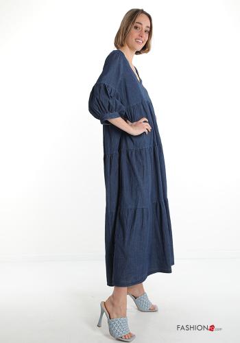 Abito in Cotone  scollo a V con balze denim - ph 3