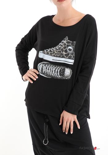 Bedrucktes Muster Langarmshirt aus Baumwolle mit Strasssteinen - ph 1