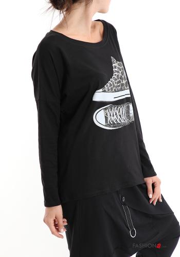 Bedrucktes Muster Langarmshirt aus Baumwolle mit Strasssteinen - ph 3
