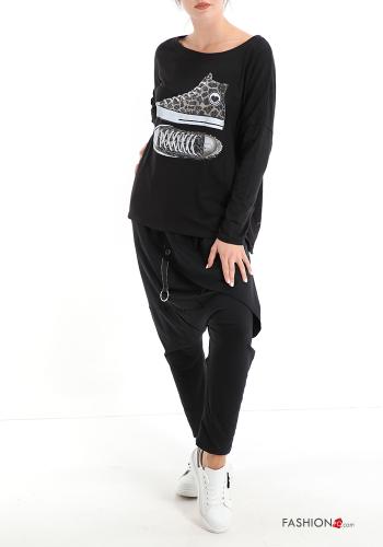 Bedrucktes Muster Langarmshirt aus Baumwolle mit Strasssteinen - ph 5