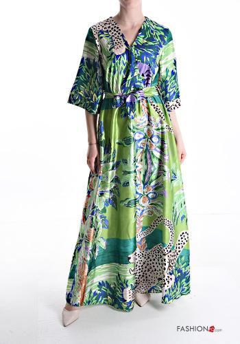 Robe satin imprimé avec ceinture en tissu à col en V manches à trois-quarts - ph 1