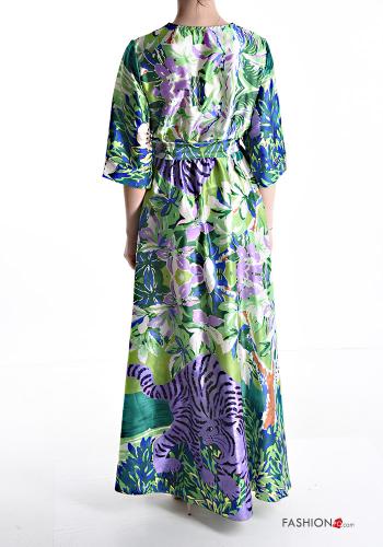 Robe satin imprimé avec ceinture en tissu à col en V manches à trois-quarts - ph 2