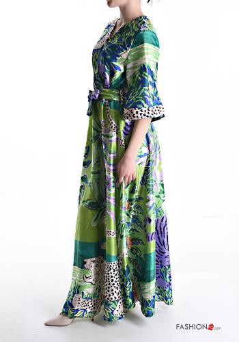 Robe satin imprimé avec ceinture en tissu à col en V manches à trois-quarts - ph 3