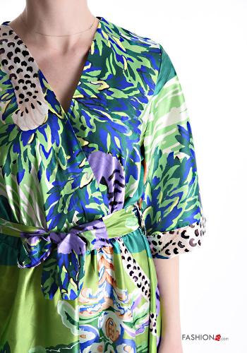 Robe satin imprimé avec ceinture en tissu à col en V manches à trois-quarts - ph 4