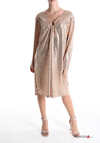 long sleeve metallic Dress with sequins with v-neck