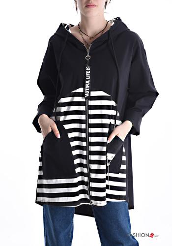 Sweatshirt em Algodão às riscas com fecho com bolsos com capuz - ph 1
