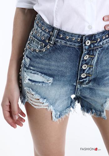 denim Cotton Shorts with buttons with pockets with fringe with studs - ph 4
