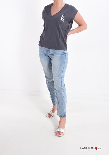 T-shirt en Coton Imprimé écrit à col en V - ph 5
