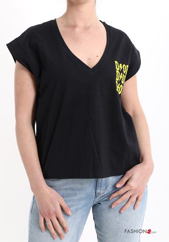 T-shirt in Cotone Fantasia scritta scollo a V