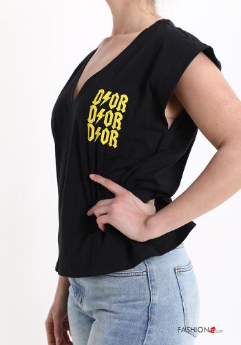 T-shirt in Cotone Fantasia scritta scollo a V - ph 3