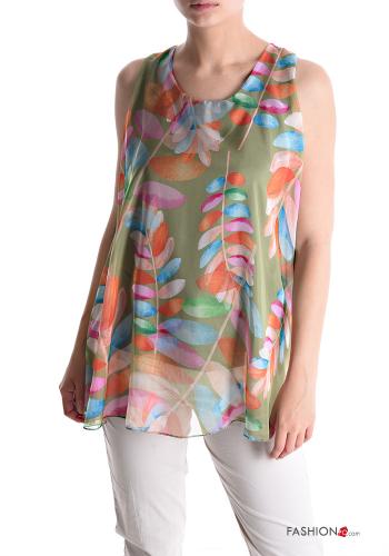 Leaf print sleeveless Blouse with bow - ph 1