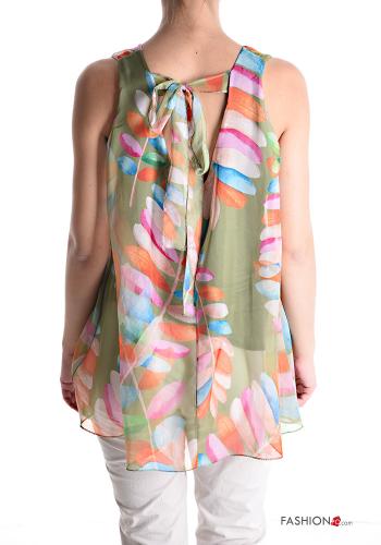 Leaf print sleeveless Blouse with bow - ph 2