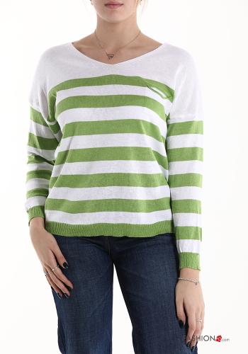 Striped Cotton Sweater with pockets with v-neck - ph 1