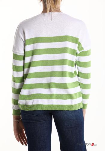 Striped Cotton Sweater with pockets with v-neck - ph 2