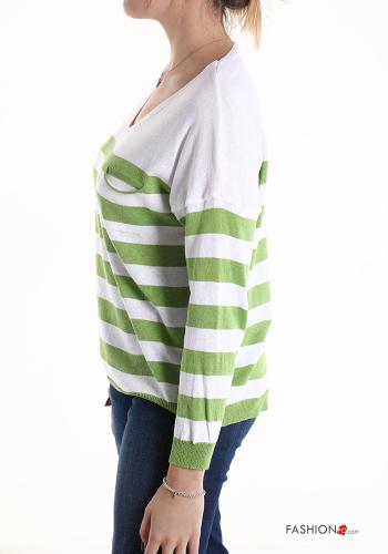 Striped Cotton Sweater with pockets with v-neck - ph 3