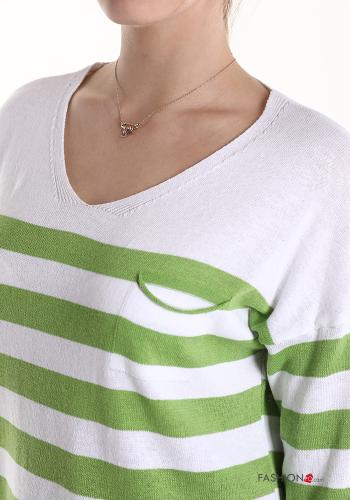 Striped Cotton Sweater with pockets with v-neck - ph 4