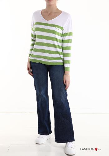 Striped Cotton Sweater with pockets with v-neck - ph 5