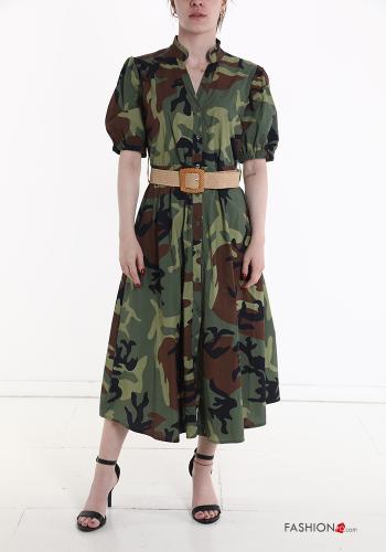 Vestido camisero de Algodón manga corta Estampado camuflaje con cinturón con bolsillos - ph 1