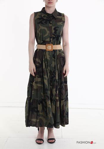 Abito chemisier in Cotone senza maniche Fantasia camouflage con cintura con balze - ph 1