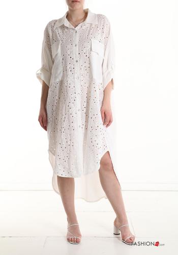 Embroidered asymmetrical Linen Shirt dress 3/4 sleeve broderie anglaise with pockets - ph 1
