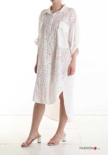 Embroidered asymmetrical Linen Shirt dress 3/4 sleeve broderie anglaise with pockets - ph 3