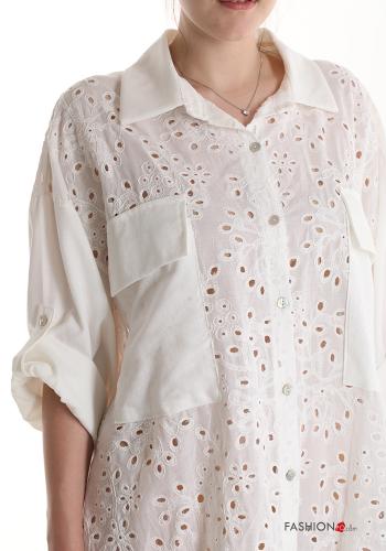 Embroidered asymmetrical Linen Shirt dress 3/4 sleeve broderie anglaise with pockets - ph 4