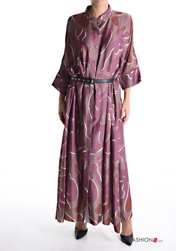 Vestido de camisa longo Padrão Estampado com cinto manga três quartos