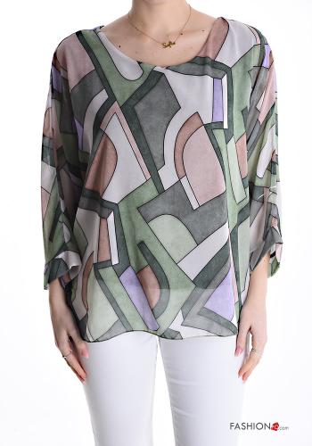 Geometric pattern crew neck Blouse with lining 3/4 sleeve - ph 1