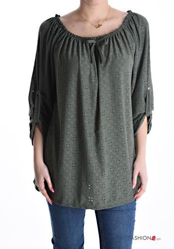Blusa bordado inglês manga três quartos com elástico com laço - ph 1