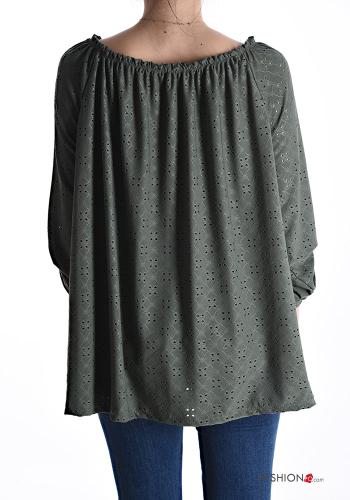 Blusa bordado inglês manga três quartos com elástico com laço - ph 2