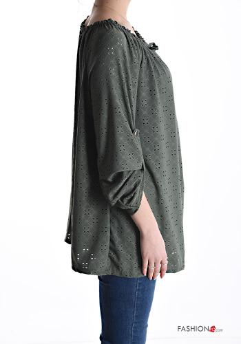 Blusa bordado inglês manga três quartos com elástico com laço - ph 3