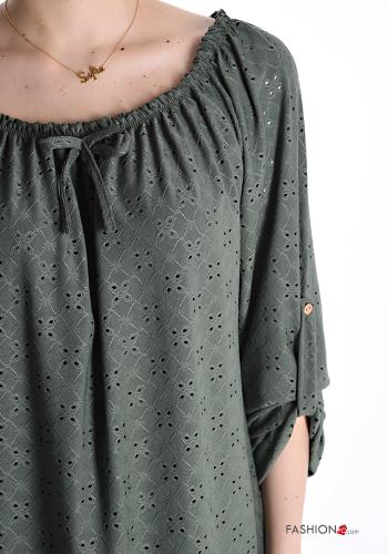 Blusa bordado inglês manga três quartos com elástico com laço - ph 4