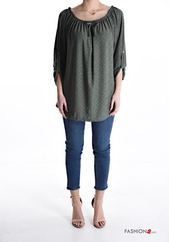 Blusa bordado inglês manga três quartos com elástico com laço - ph 5