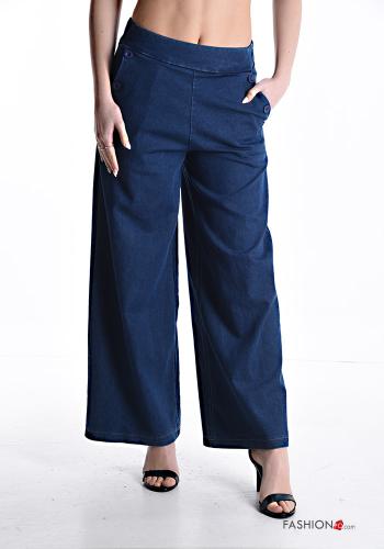 Jeans en Coton taille haute wide leg en denim à boutons avec poches - ph 1