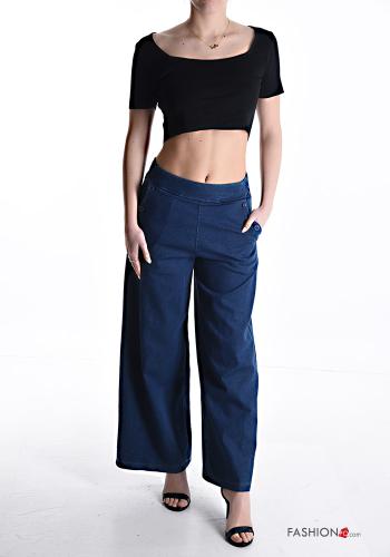 Jeans en Coton taille haute wide leg en denim à boutons avec poches - ph 5