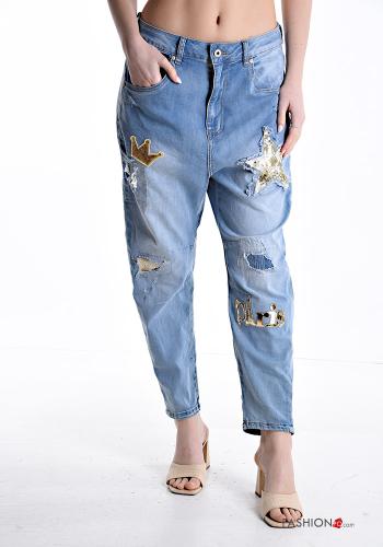 Jeans in Cotone vita alta con zip con paillettes con tasche con strass con bottoni - ph 1